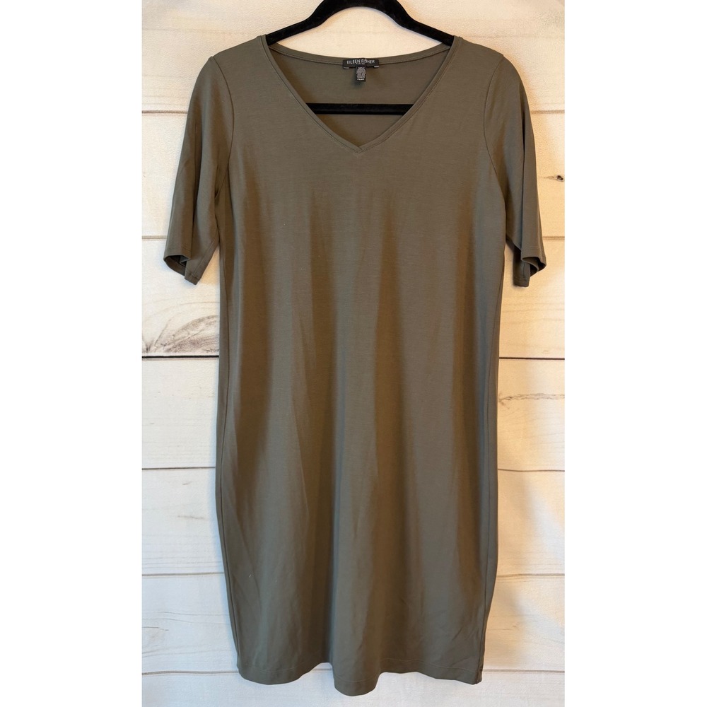 Eileen Fisher Petite Olive Green V-Neck Short Sleeve Jersey Shift Dress PS PP